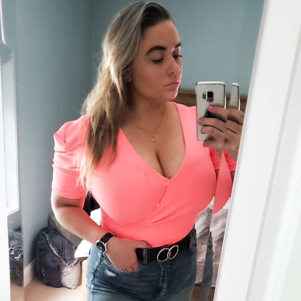 Glowing Puff Sleeve Ribbed Hot Pink Bodysuit - Picture 4 of 4